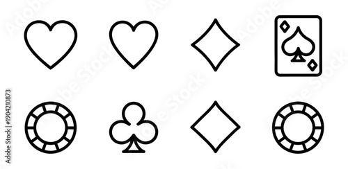 A set of black and white casino icons on a clean background