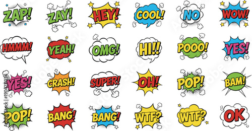 Set of colorful comic speech bubbles with halftone effects and pop art sound effects phrases flat vector illustration