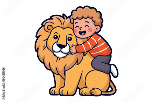 A happy little boy riding a lion with a big smile