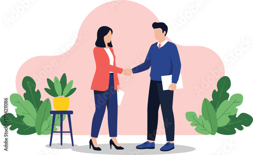 Business woman and man shaking hands for partnership agreement deal success and professional recruitment flat vector illustration isolated