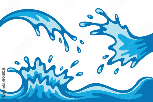 A stylized illustration of a wave of water splashing against a white background