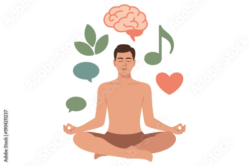 A man meditates peacefully with thoughts of music and conversation in his mind
