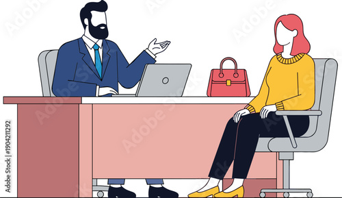 Professional business consultation with man and woman in office for financial advisory legal services and client meeting illustration