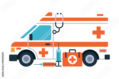 An ambulance with medical supplies and equipment on a white background