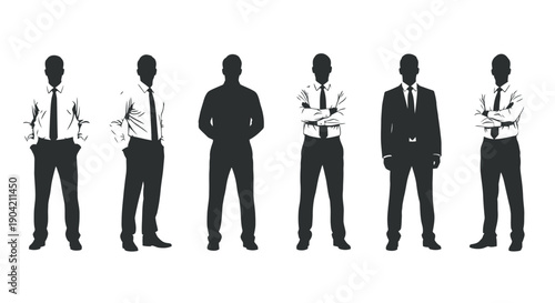 Collection of six modern business professional male figures shown in various postures including full suits shirts and ties representing corporate diversity and leadership styles