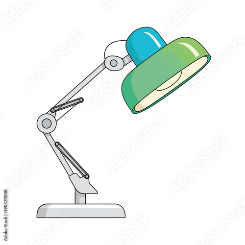 Adjustable desk lamp with blue and green shade, white background