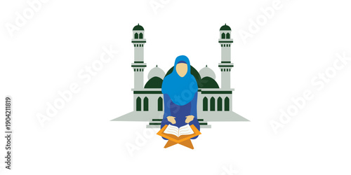 Woman in hijab reading Quran in front of beautiful mosque