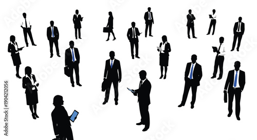 Diverse group of modern business professionals represented by black silhouettes standing with briefcases and digital tablets against a clean white background symbolizing corporate structure.