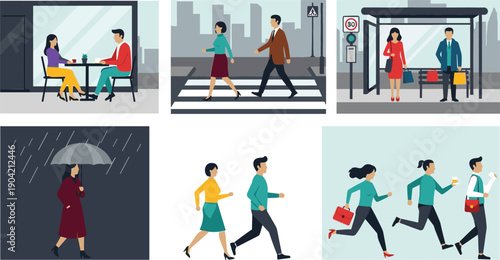 Set of urban life scenes with people commuting crossing streets sitting at cafes and walking in the rain