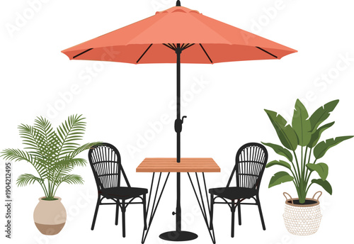 Outdoor patio furniture set with bistro table sun umbrella wicker chairs and tropical potted plants flat vector illustration