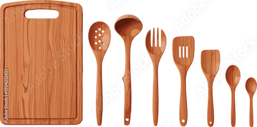 Set of wooden kitchen utensils with cutting board ladles spatulas and serving spoons isolated for culinary home design