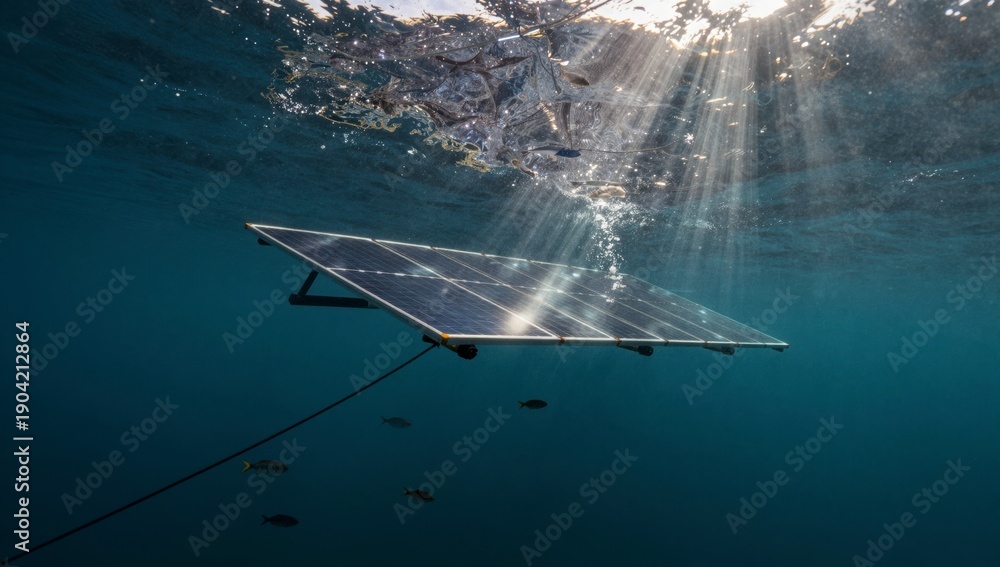Fototapeta premium An underwater solar panel is submerged beneath the ocean surface with sunbeams piercing the water