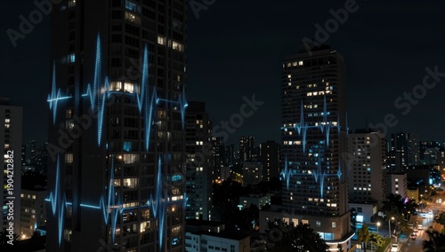 Illuminated skyscrapers display a blue electrocardiogram pulse at night illustrating city life