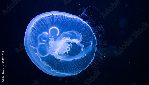 Bioluminescent Moon Jellyfish Floating Gracefully in Dark Ocean Depths.
