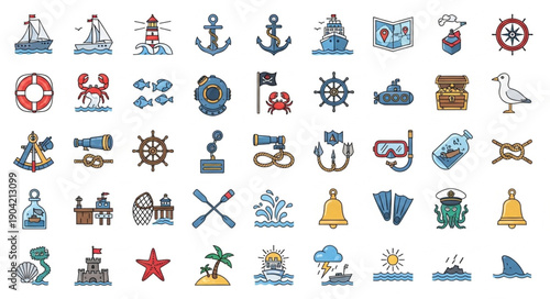 Nautical Icons Collection Sea Ocean Marine Symbols.