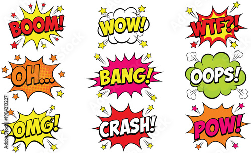 Set of comic book onomatopoeia speech bubbles with boom bang wow and crash exclamations in pop art style