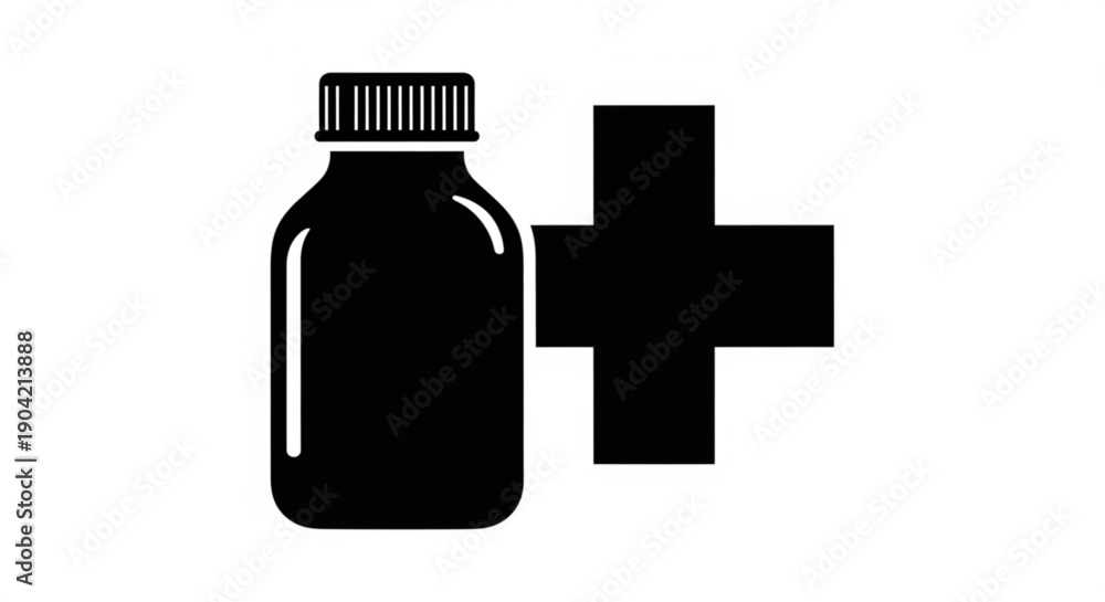 Obraz premium Medical bottle and plus sign illustration on a simple white background viewed from the front