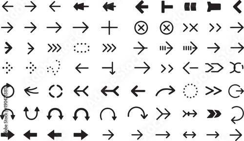 Collection of various black arrows and symbols for navigation and direction isolated on white background