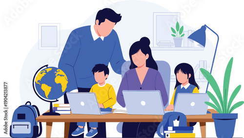 Family with parents and children using laptops for remote work and home education flat vector illustration isolated