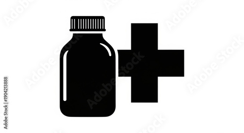 Medical bottle and plus sign illustration on a simple white background viewed from the front