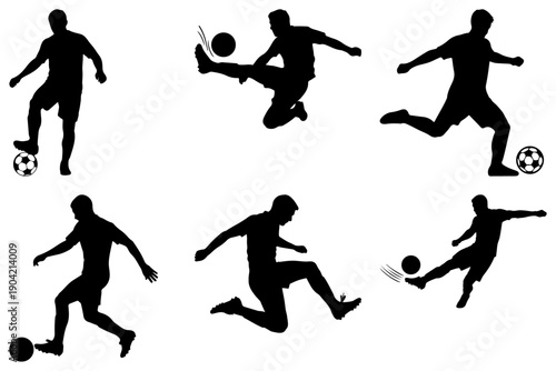 Soccer player silhouettes in action, dynamic poses, black and white
