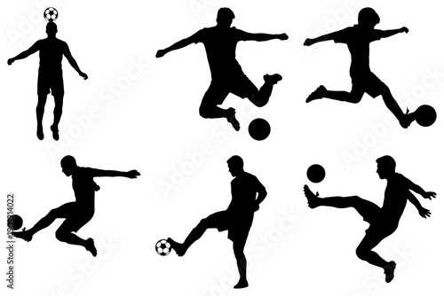 Soccer player silhouettes in action kicking a ball