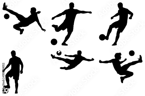 Soccer player silhouettes in action, dynamic poses, black and white