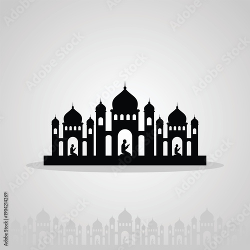 Islamic Mosque Building Silhouette with People Praying for Ramadan and Eid