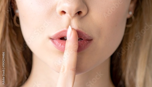 Womans Finger on Lips for Silence Gesture.