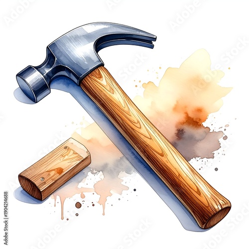 A watercolor-style image of a carpenter's hammer resting on a wooden plank with an abstract background