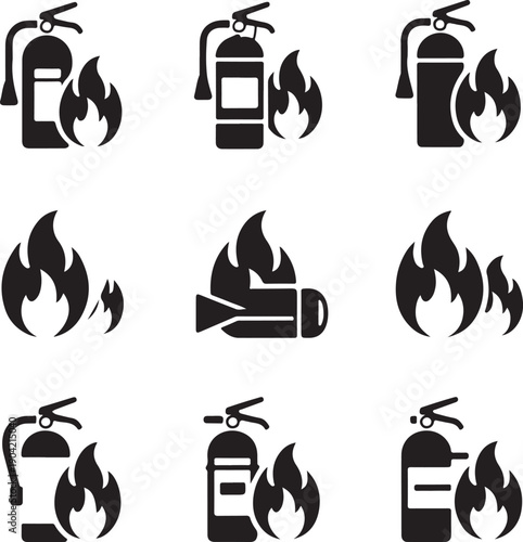 Fire extinguishers and flames icons set in black and white