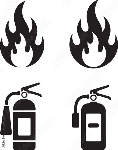 Fire flames and fire extinguishers icons