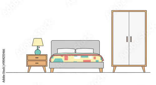 Modern room interior illustration featuring a stylish sofa, wall decor, floor lamp, indoor plant, and minimal furniture arranged in a cozy and well balanced living space. The illustration represents c