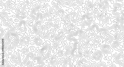 Abstract black and white topographic map with swirling, organic line 