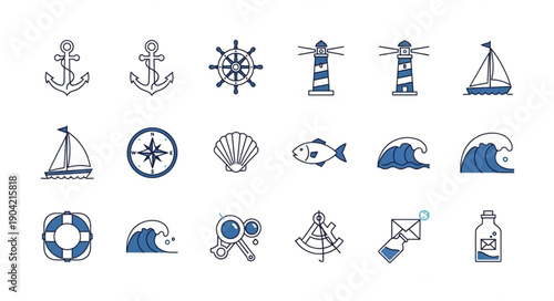 Nautical Icons Collection Sea Marine Symbols Set.
