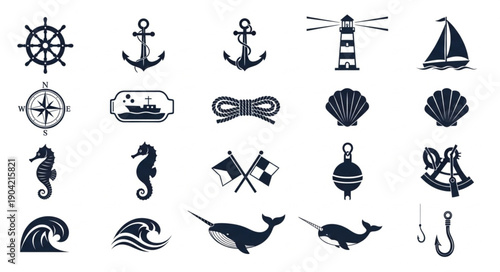 Nautical Icons Collection Sea Marine Symbols Set.