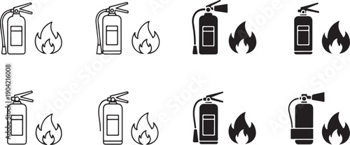 Fire burning house icons set in black and white