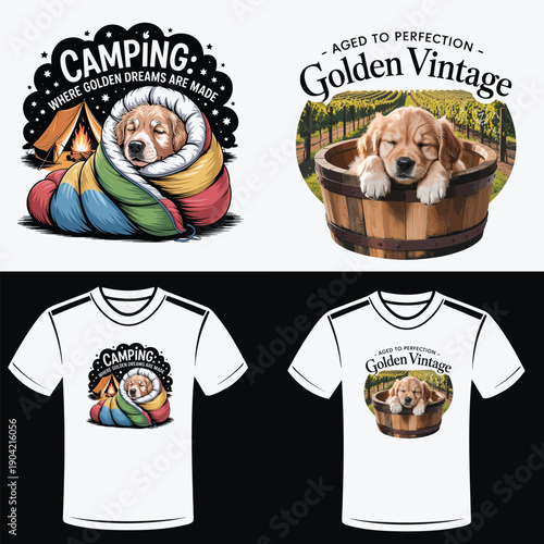 Sleeping Golden Retriever in Sleeping Bag and Puppy in Wine Barrel Illustration Keywords: golden