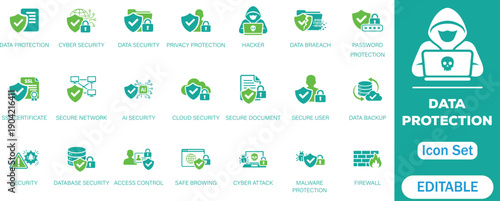 Data protection icon set. Featuring cyber security, data security, privacy protection, encryption, cloud security, firewall, AI security, secure network and more icons. perfect vector icon collection.