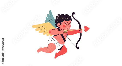 Vector illustration of Cupid character with bow and arrow in a modern and retro mix flat style for Valentine's Day or romance themes.