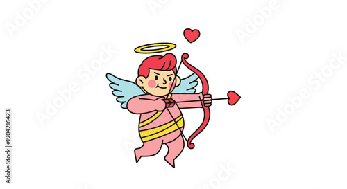 Vector illustration of Cupid character with bow and arrow, heart above, in modern and retro mix flat style, symbolizing love and romance.