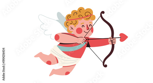 Vector illustration of Cupid character with bow and arrow in a modern and retro mix flat style for Valentine's Day or love and romance themes.