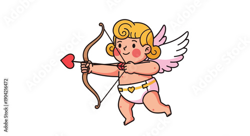 A cute, cartoon Cupid character with blonde hair and wings holds a bow and arrow against a clean white background in a modern and retro mix flat style illustration.