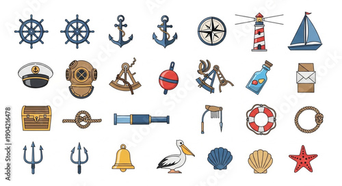 Nautical Icons Collection Maritime Symbols and Objects.