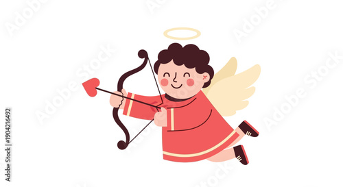 Vector illustration of a cute Cupid character with bow and arrow in a modern and retro mix flat style, conveying love and romance on Valentines Day against a clean white background.