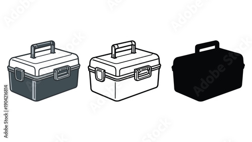 Three different colored lunchboxes with handles on a white background