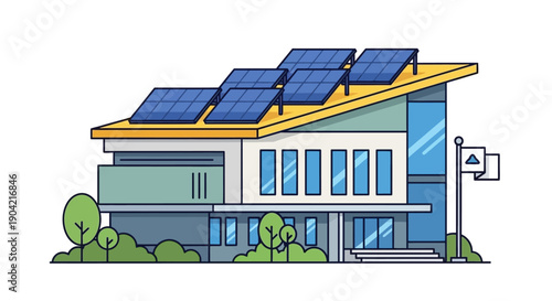 Modern illustration of a building equipped with solar panels, representing renewable energy, sustainable architecture, and eco friendly technology. The image highlights clean energy solutions, environ