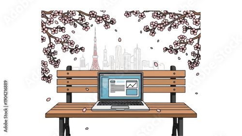 Laptop on a wooden bench illustration.