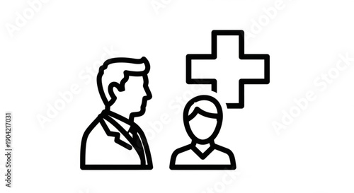 Professional healthcare consultation icon depicting doctor-patient interaction, symbolizing dedicated medical care, advice, and essential health support services for community wellbeing