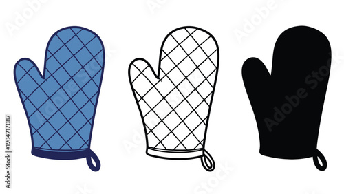 Three oven mitts in different colors on a white background